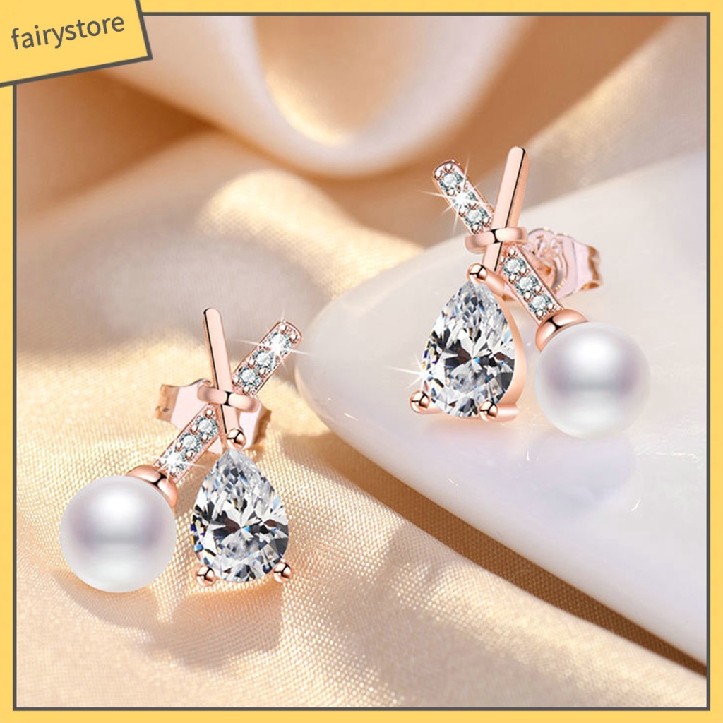 1 Đôi Bông Tai Chữ X Đính Đá Zircon Ngọc Trai Giả Lấp Lánh Phong Cách Pháp