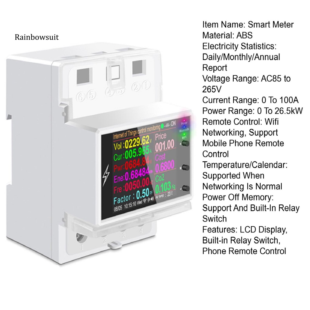 Đồng Hồ Đo Năng Lượng Điện Màn Hình LCD AC 220V 110V DIN-Rail Kết Nối WiFi Thông Minh Cho Gia Đình