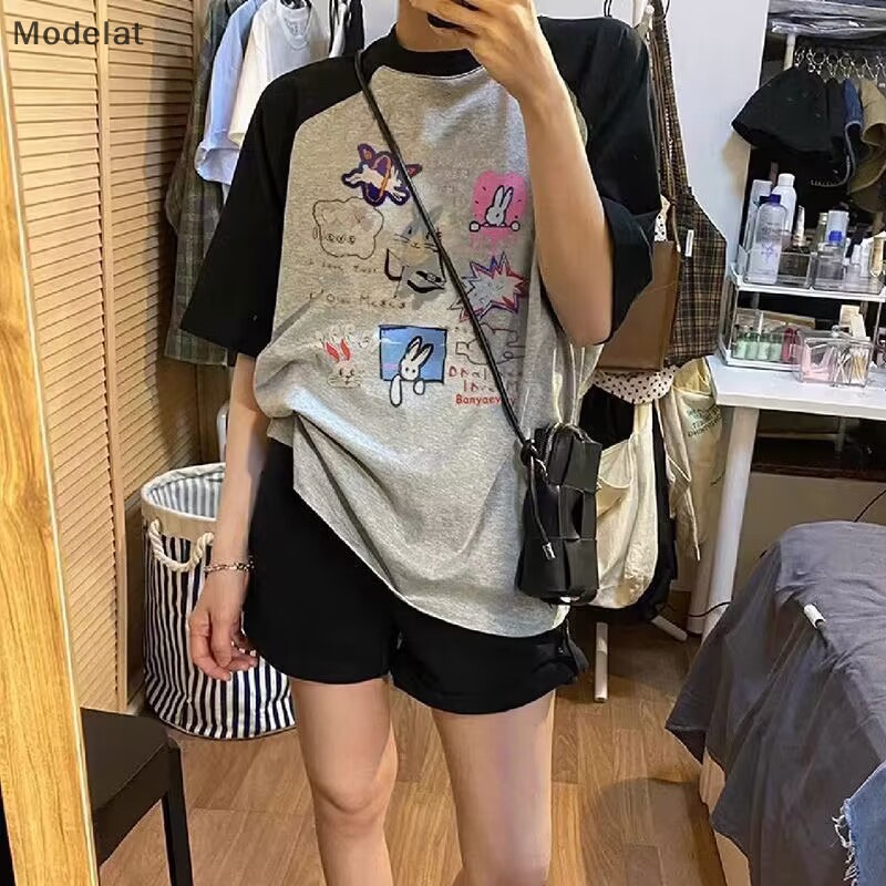 Mfc Áo Thun Mùa Hè Tay Cộc Phối Màu Tương Phản In Họa Tiết Cổ Điển WTD