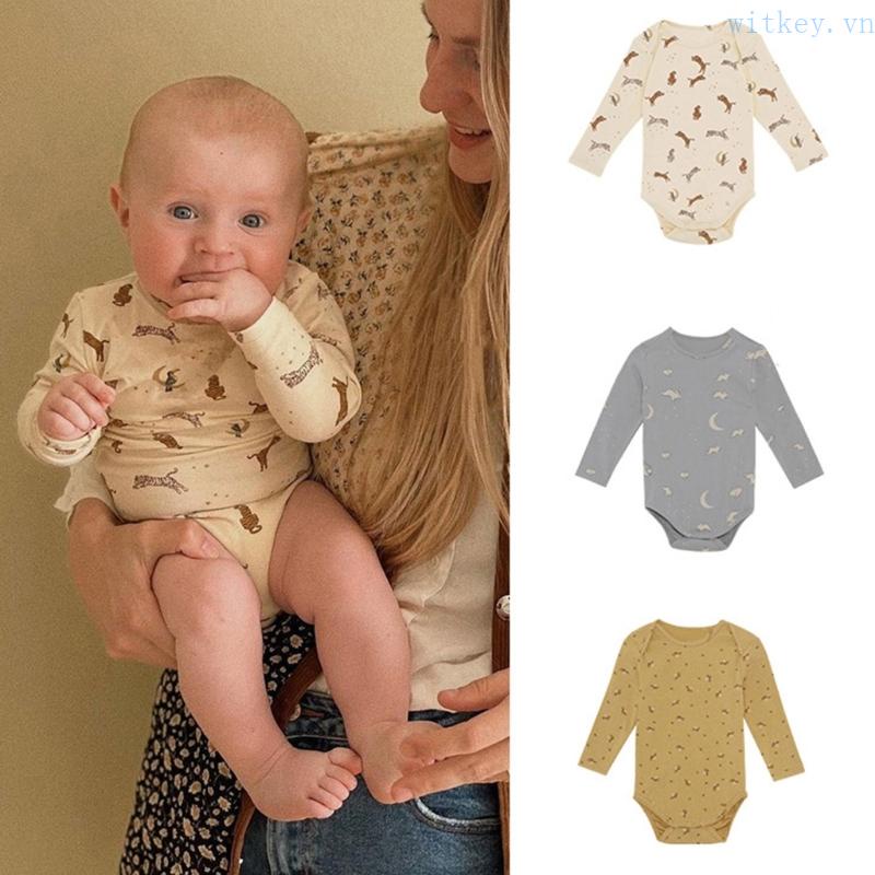 Bộ Đồ Ngủ Liền Thân Bằng Cotton In Họa Tiết Dễ Thương Thời Trang Xuân Thu Cho Bé Sơ Sinh