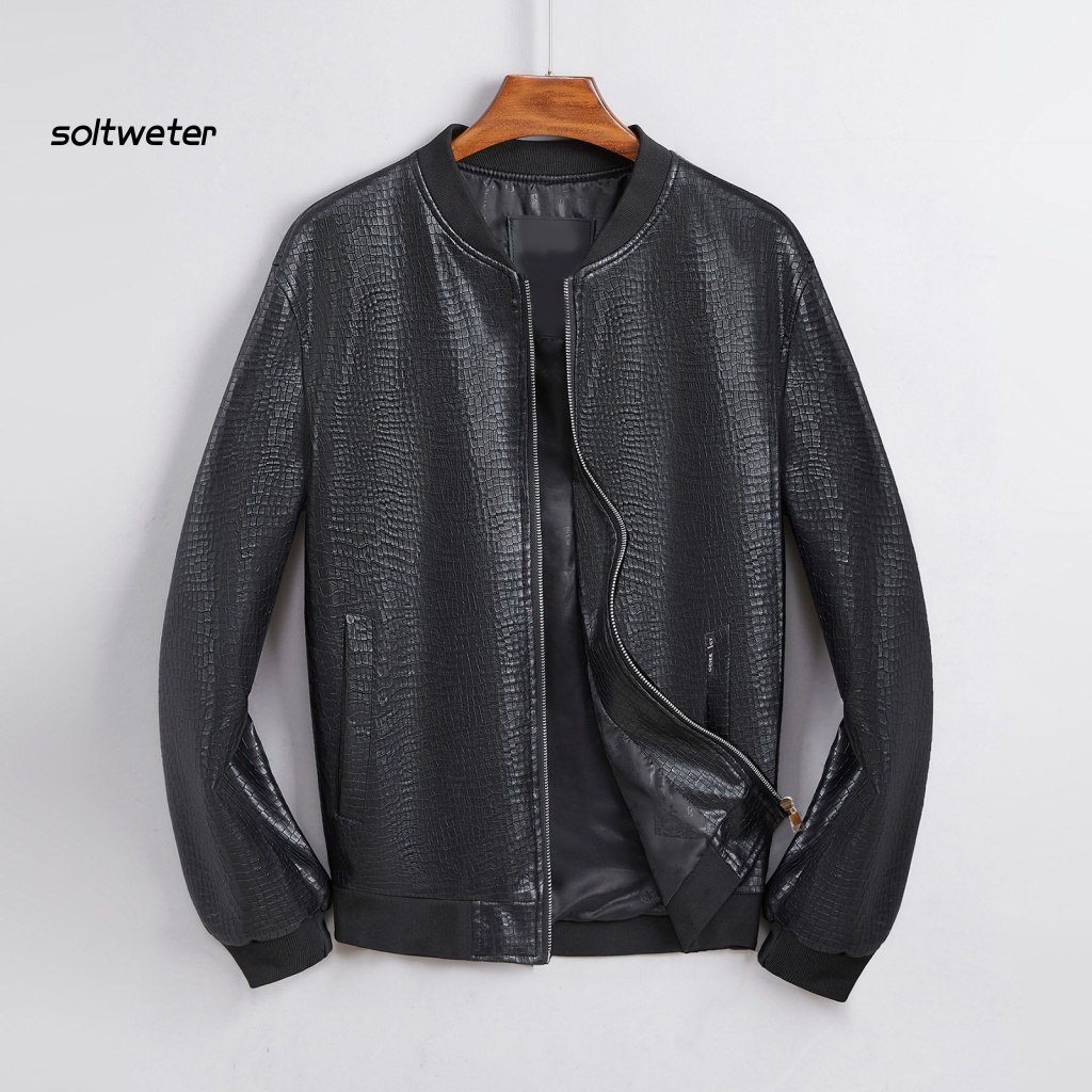 Áo Khoác Giả Da Tay Dài Cổ Đứng Màu Trơn Có Khóa Kéo Phong Cách Đường Phố Cho Nam