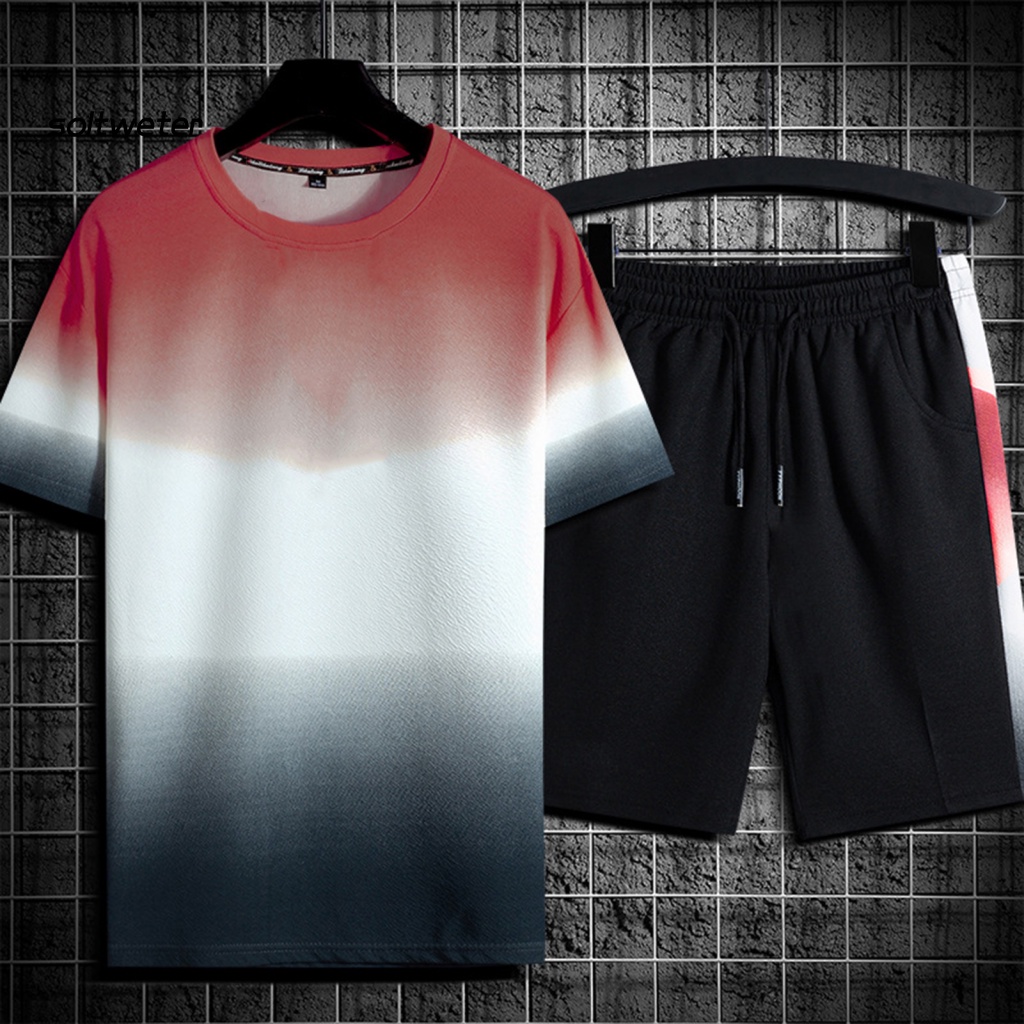 Set Đồ Mùa Hè 2 Món Gồm Áo Thun Cổ Tròn Màu Sắc Gradient + Quần Ngắn Lưng Thun Cho Nam
