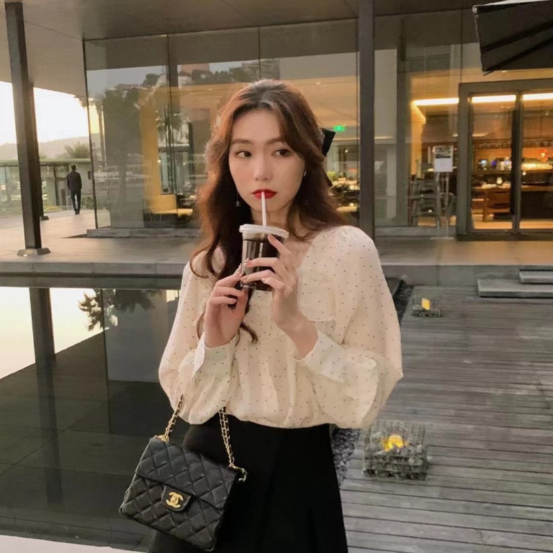 Áo Chiffon Nữ Tay Dài Phối Ren Họa Tiết Chấm Bi Thời Trang