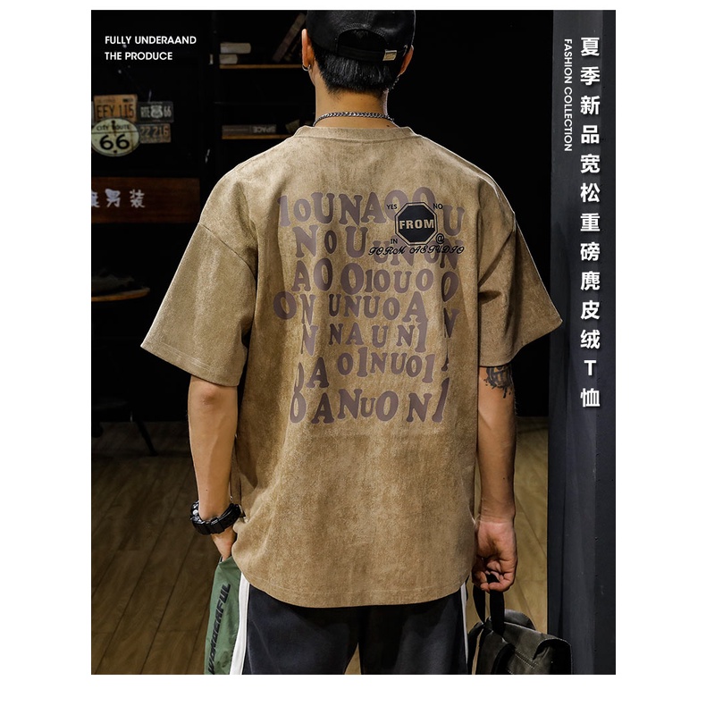 Áo Thun Da Lộn Tay Lỡ Dáng Rộng Phong Cách Retro Mỹ Thời Trang Cho Nam Giới 250g