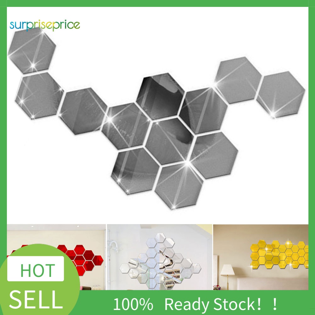 Bộ 12 Miếng Dán Tường Tráng Gương Hình Lục Giác 3D Bằng Acrylic Độc Đáo Trang Trí Nhà Cửa DIY