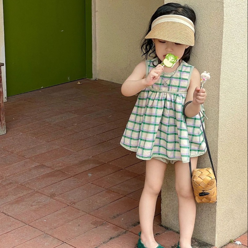 Bộ Áo Sơ Mi Cotton + Chân Váy Chữ A Sọc Caro Xanh Lá Thời Trang Mùa Hè Hàn Quốc Cho Nữ