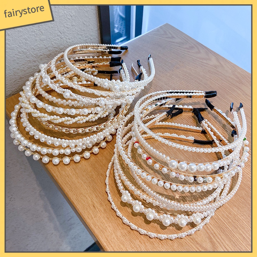 Băng Đô Cài Tóc Đính Ngọc Trai Nhân Tạo Màu Trơn Co Giãn Chống Trượt Trọng Lượng Nhẹ