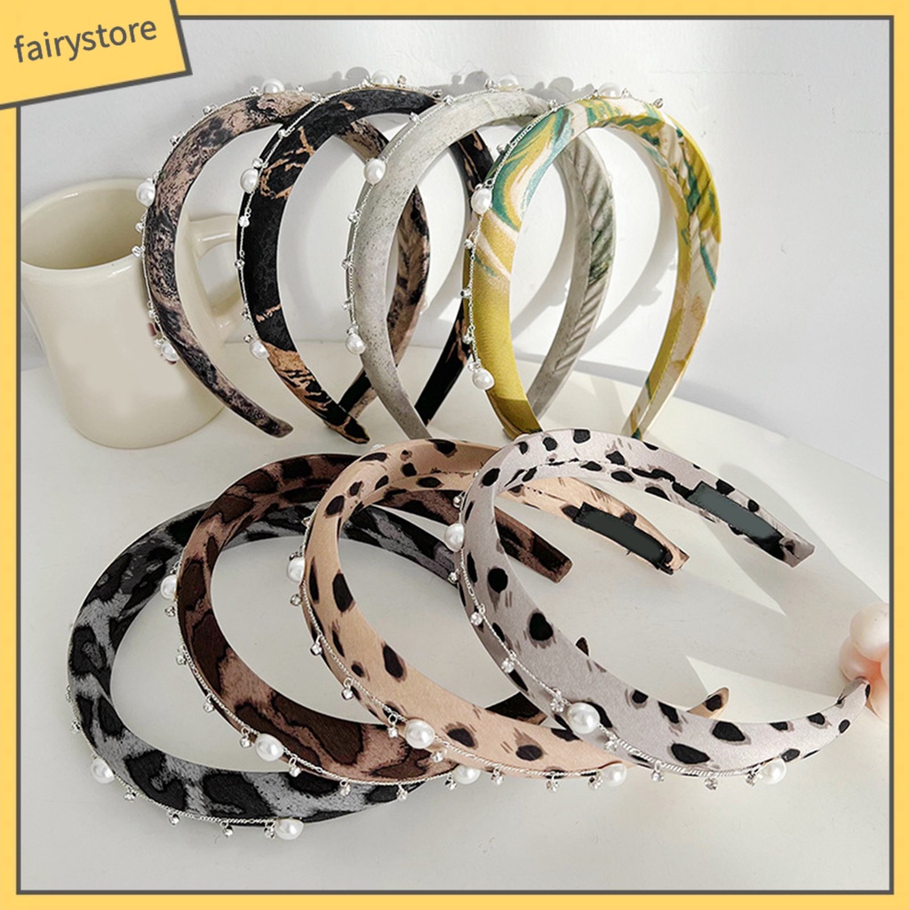 Băng Đô Cài Tóc Bản Rộng Tăng Chiều Cao Đính Đá Ngọc Trai Nhân Tạo Họa Tiết Da Báo Thời Trang Cho Nữ