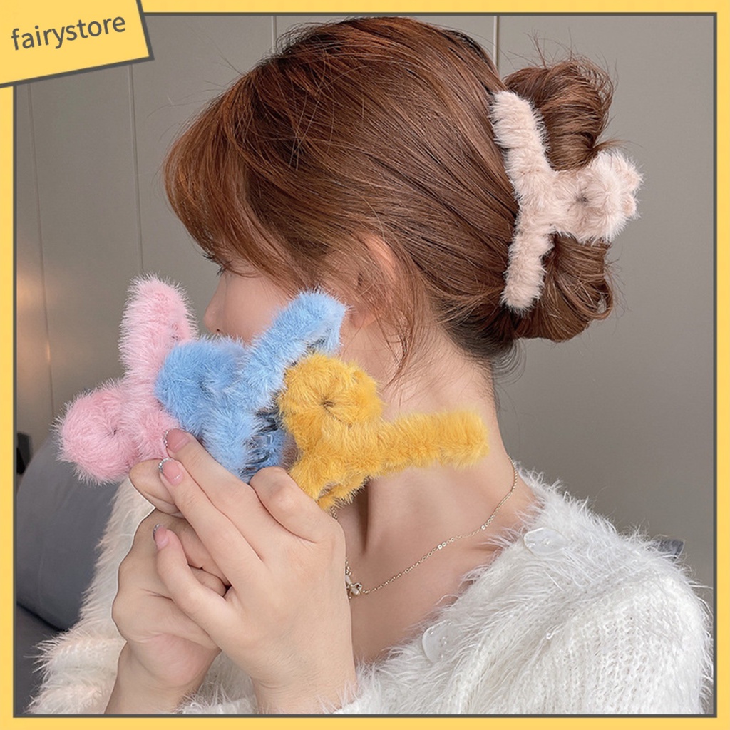 Kẹp Tóc Càng Cua Phủ Lông Màu Trơn Chống Trượt Thời Trang Thu Đông Cho Nữ