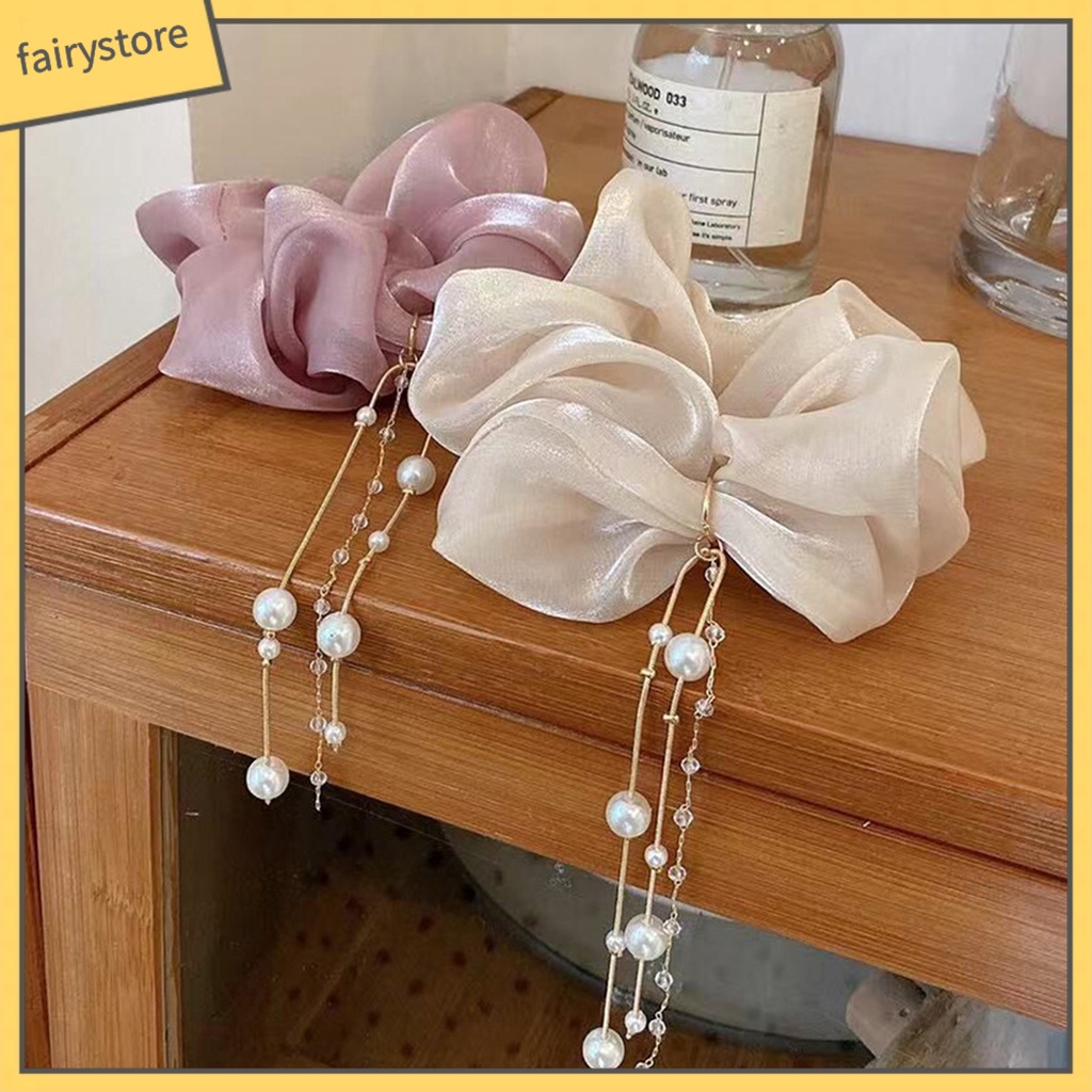 Dây Cột Tóc Satin Co Giãn Đính Ngọc Trai Giả Màu Trơn Sáng Bóng Thanh Lịch Cho Nữ