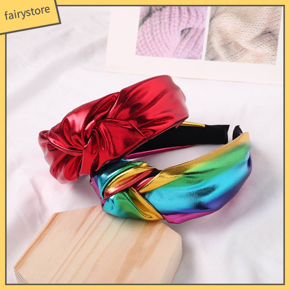 Băng Đô Cài Tóc Bản Rộng Giả Da Thắt Nút Màu Trơn Cho Nữ