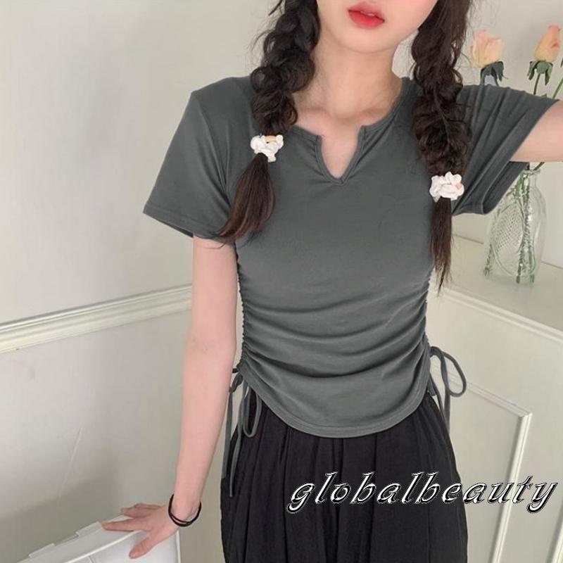 Áo Thun Tay Ngắn Cổ Chữ V Màu Sắc Đơn Giản Dành Cho Nữ