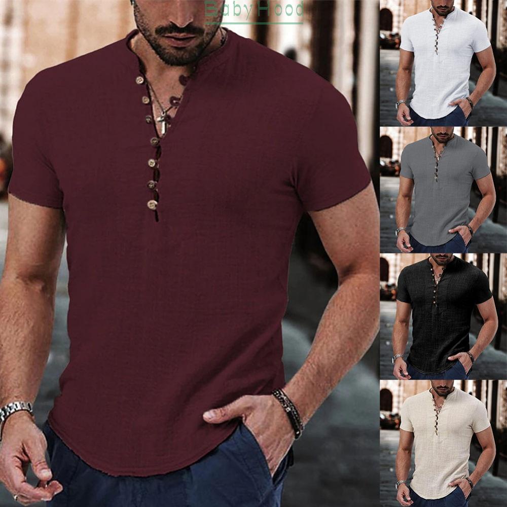 Mens Henley V Neck Casual Short Sleeve Shirt Button Down Blouse T Shirt Loose Fit Top#BBHOOD