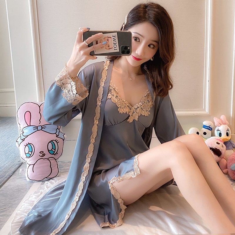 Bộ Đồ Ngủ Hai Dây Bằng Lụa Mát Màu Trơn Phối Ren Gợi Cảm Thời Trang Xuân Thu Hàng Mới 2023 Dành Cho Bạn Nữ