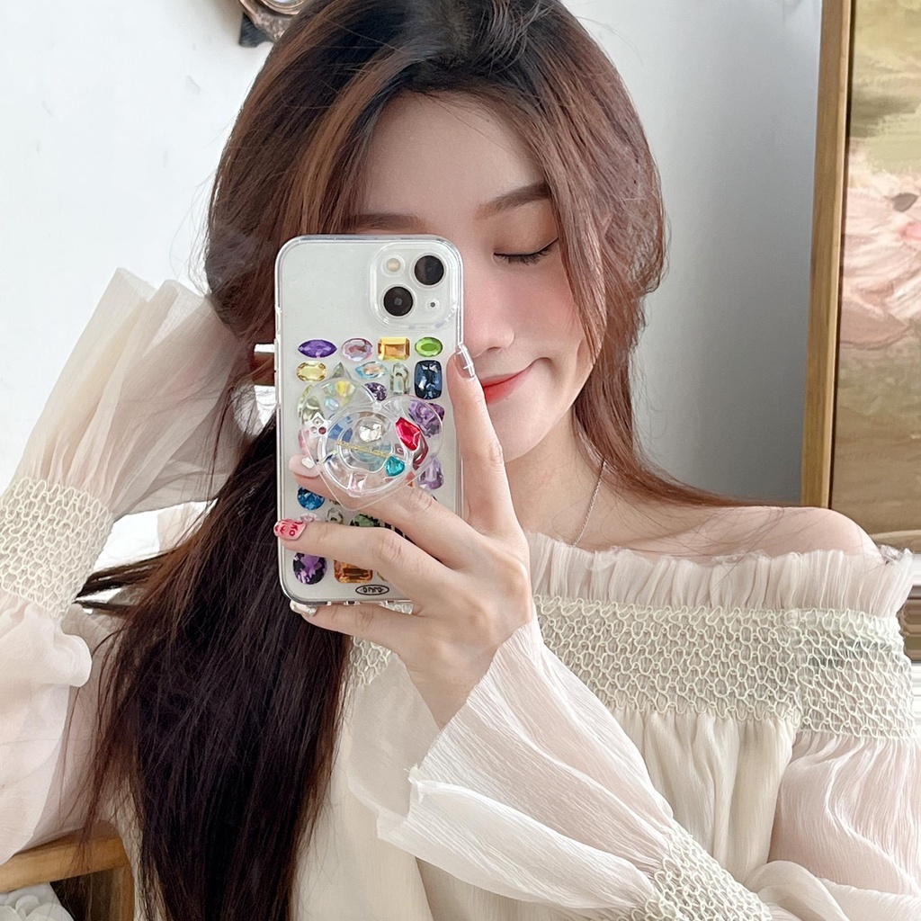 Ốp Điện Thoại Silicon TPU Mềm Trong Suốt Đính Đá Đơn Giản Chống Sốc Kèm Giá Đỡ Cho iPhone 11 13 12 14 Pro Max