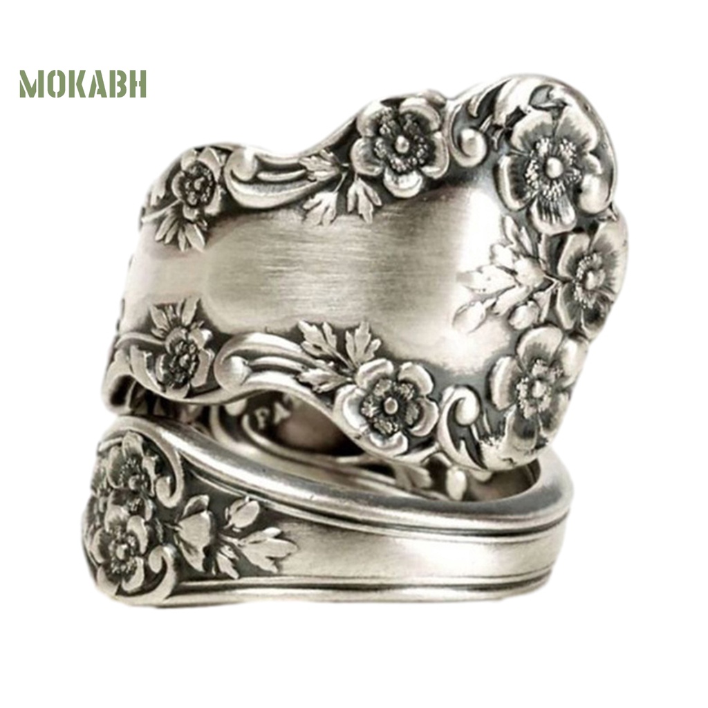 [Mok Abh] Nhẫn Dạng Mở Mạ Điện Họa Tiết Hình Học / Hoa Phong Cách Vintage Có Thể Điều Chỉnh