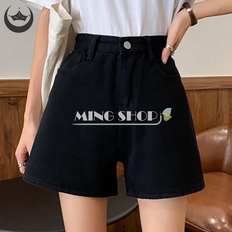 Quần Short Denim Lưng Cao Ống Rộng Màu Trơn Thời Trang Cho Nữ