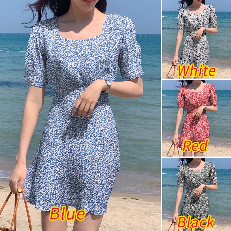 ZANZEA Đầm Tay Ngắn Phồng Cổ Vuông In Họa Tiết Hoa Phong Cách Hàn Quốc Thời Trang Cho Nữ