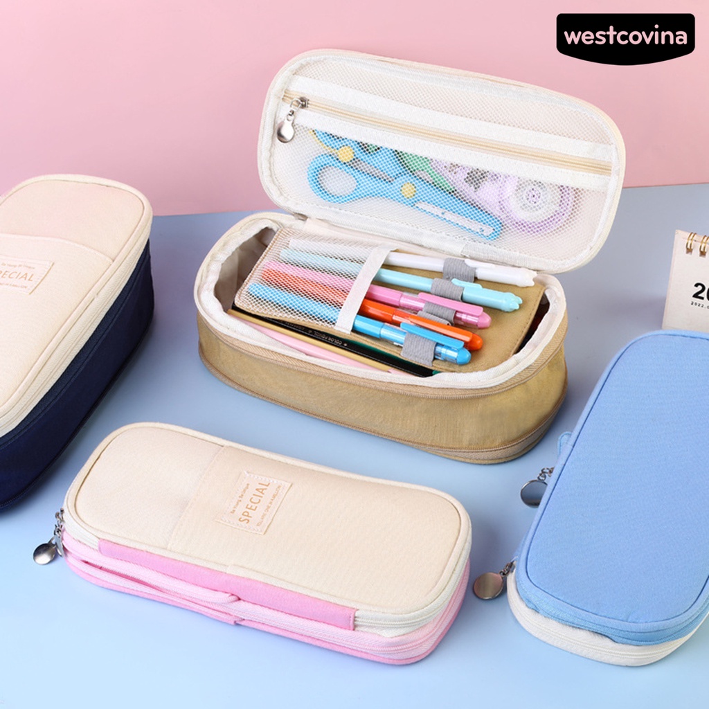 [WSTN]✎Túi Đựng Bút Hai Lớp Bằng Vải Canvas Có Dây Kéo Và Sức Chứa Lớn