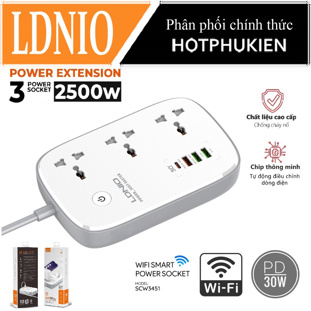 Ổ cắm điện đa năng 7 in 1 max 2500W điều khiển thông minh qua kết nối Wifi hiệu LDNIO SCW3451- HSHOP