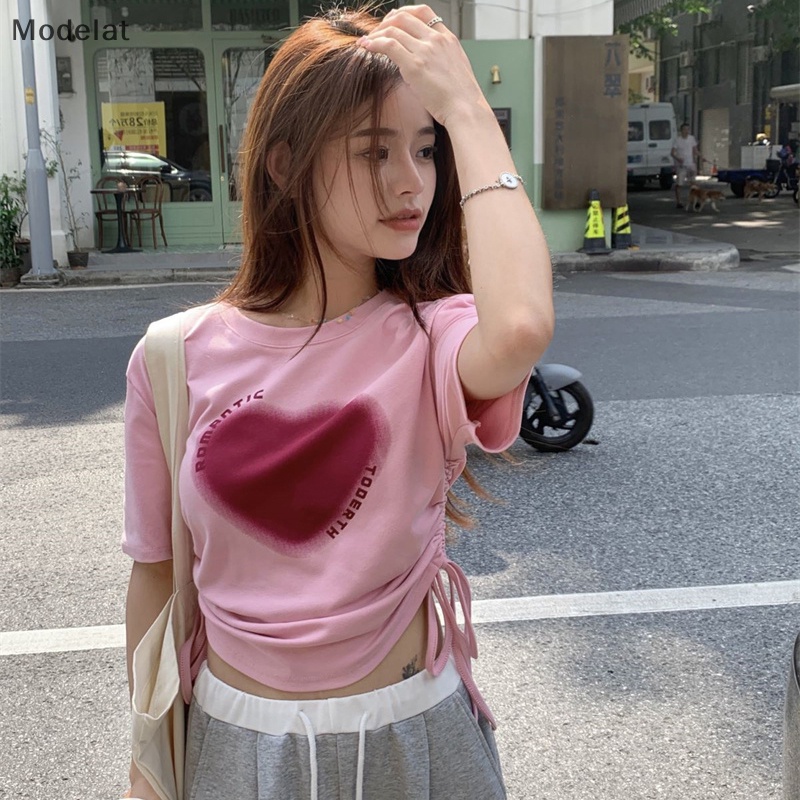 Áo Thun Crop Top Tay Ngắn Cổ Tròn In Hình Trái Tim Phối Dây Rút Thời Trang Mùa Hè Cho Nữ