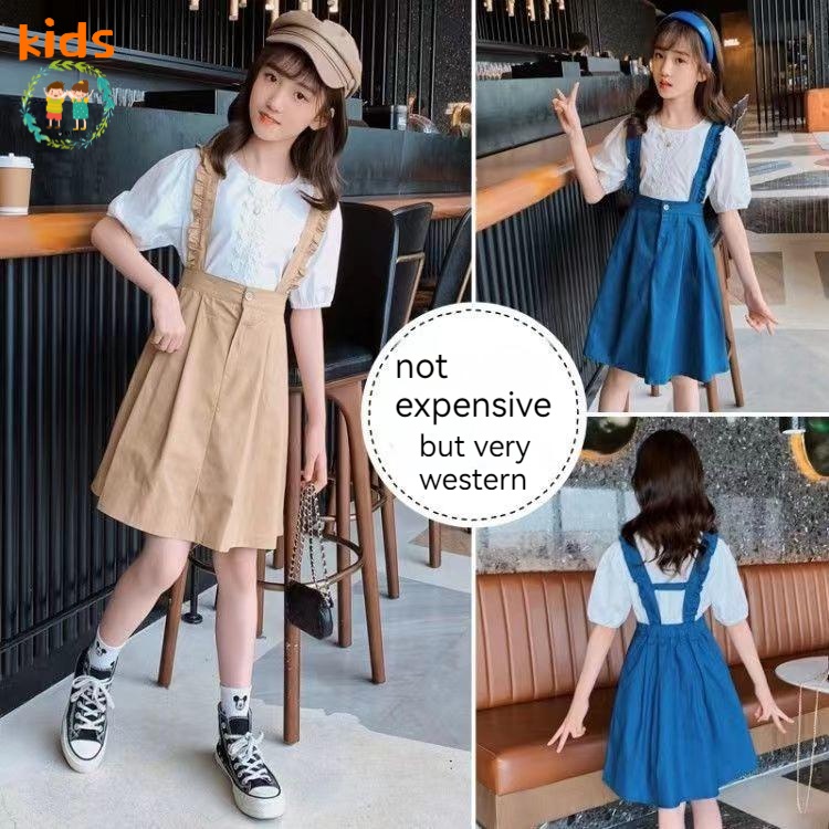 Set Áo Thun Tay Ngắn + Chân Váy Yếm Thiết Kế Mới Thời Trang Mùa Hè Cho Bé Gái 3-5 - 8-10 - 12-13 Tuổi