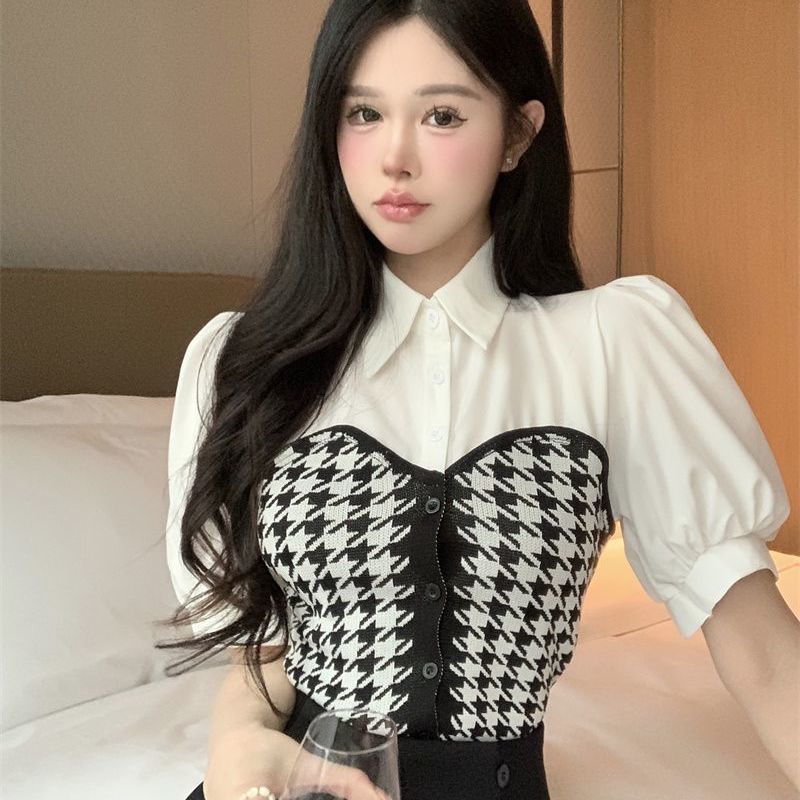 Cozok Áo Sơ Mi Tay Phồng Cổ Bẻ Phối Họa Tiết Kẻ Sọc Thời Trang