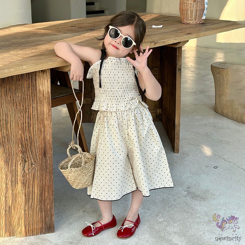 Bộ Áo Hai Dây Chấm Bi + Quần Dài Lưng Thun Ống Rộng Thời Trang Mùa Hè Hàn Quốc Cho Bé Gái