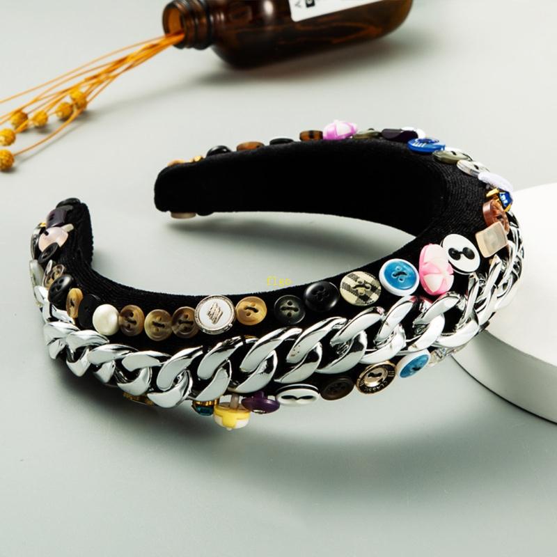 Băng Đô Cài Tóc Xốp Bọc Nhung Đính Nút Kim Loại Nhiều Màu Phong Cách Vintage