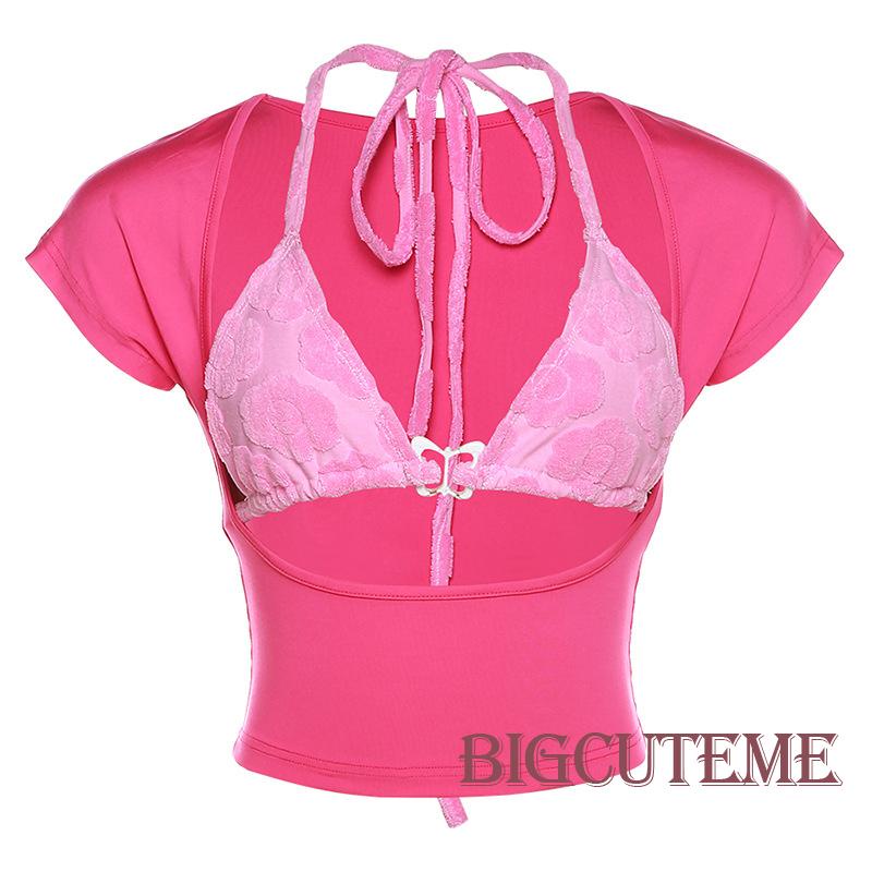 [] - Bra + Áo Thun Khoét Lỗ Tay Ngắn Màu Đỏ Hồng Có Dây Buộc Hình Hoa Mùa Hè Cho Nữ