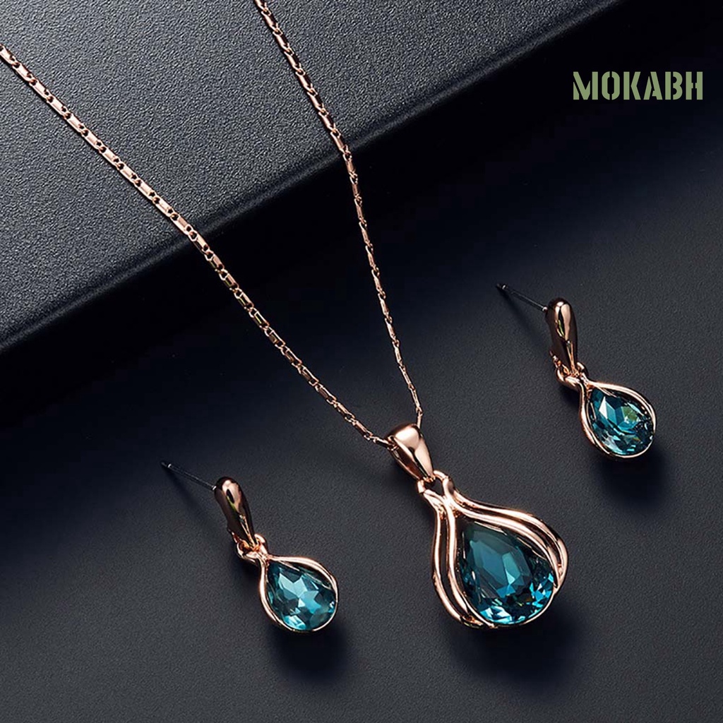 Bộ Vòng cổ + Bông Tai Đính Đá Zircon Hình Giọt Nước Cho Nữ