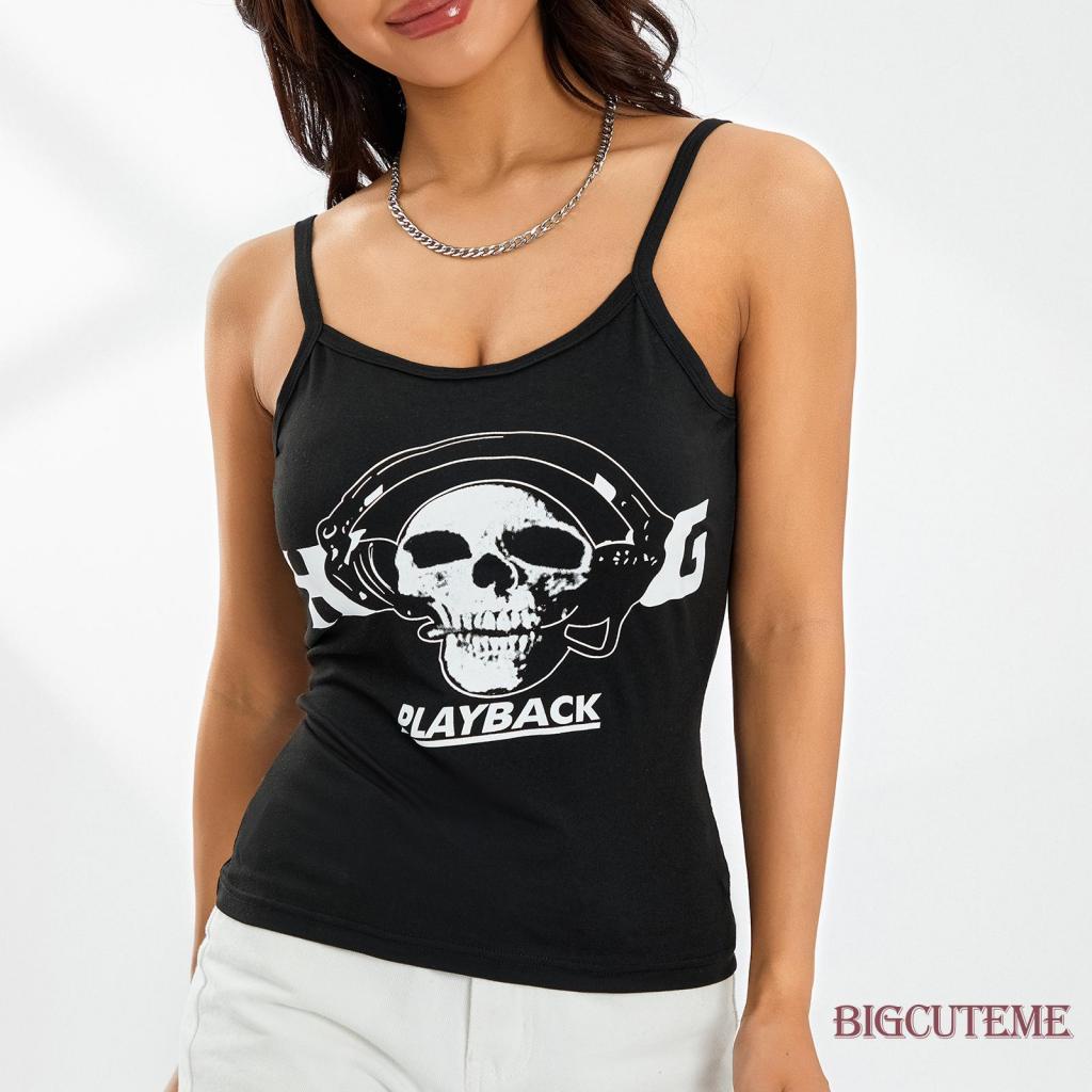 Áo Tank Top Màu Đen In Họa Tiết Đầu Lâu Hoạt Hình Thời Trang Mùa Hè Cá Tính Cho Nữ