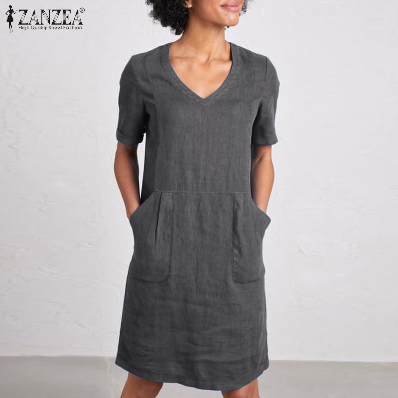 Zanzea Đầm Nữ Ngắn Tay Cổ Chữ V Thời Trang Vintage
