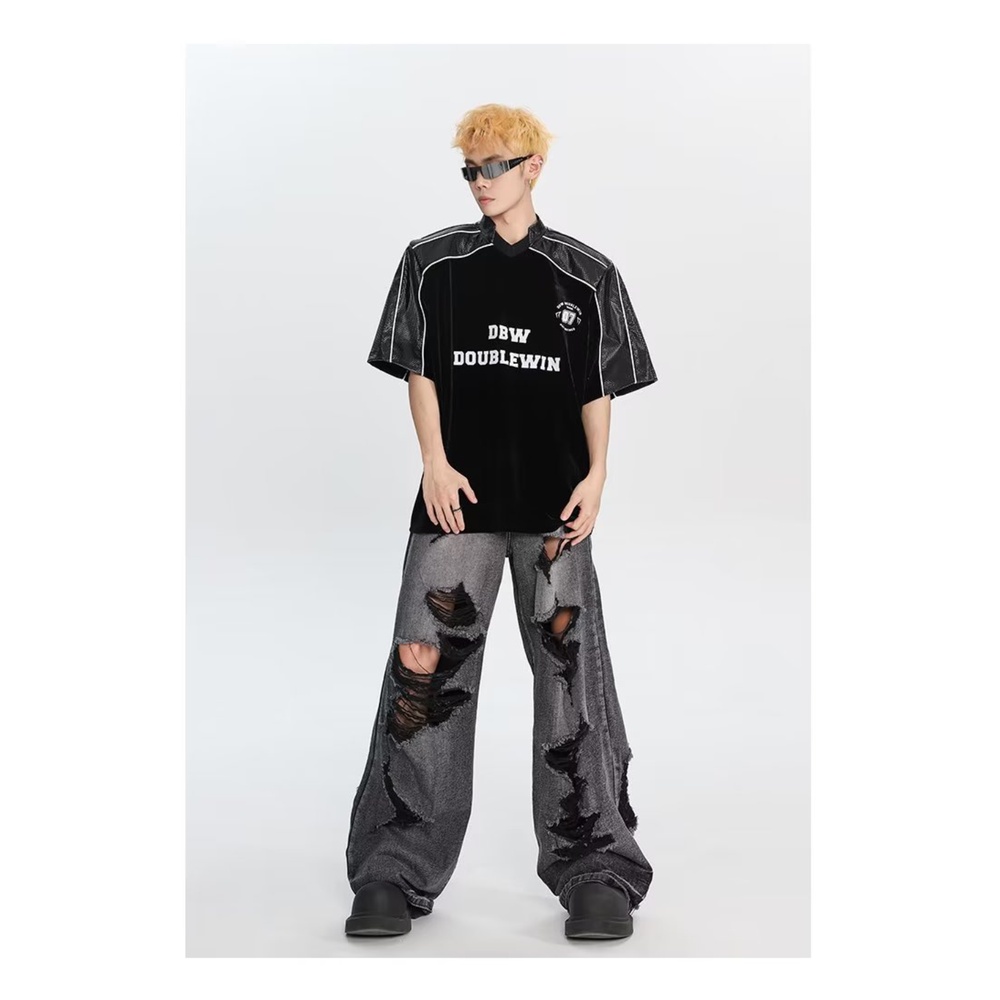 Quần Jean Rách Ống Rộng Màu Đen Phong Cách Retro Mỹ Cá Tính Cho Nam