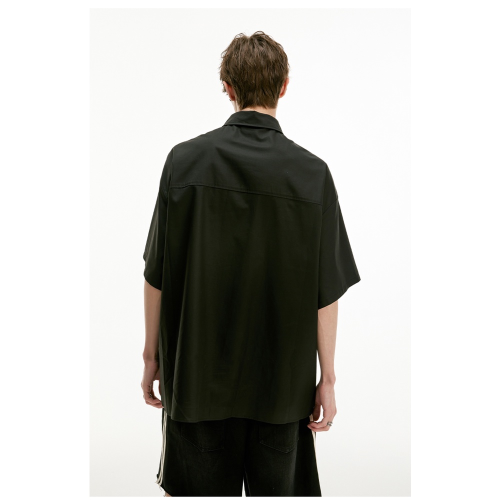 [Luhu Same Style] Áo Sơ Mi Đen Tay Ngắn In Hình Thiết Kế Xây Dựng Đường Phố Mùa Hè