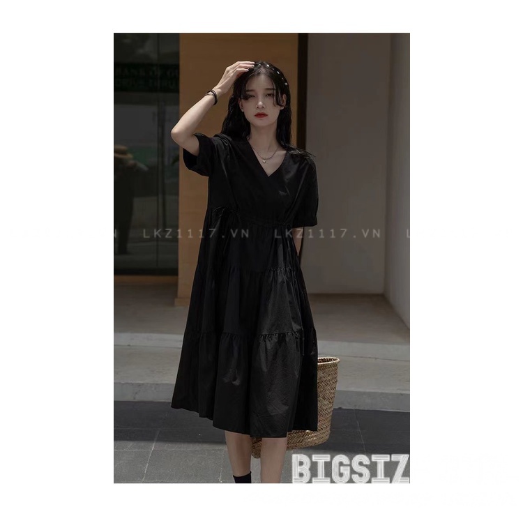 Váy đầm nữ Bigsize Đầm babydoll dáng dài tay ngắn cổ chữ v đen mùa hè Phong cách Hàn Quốc Thời Trang đẹp