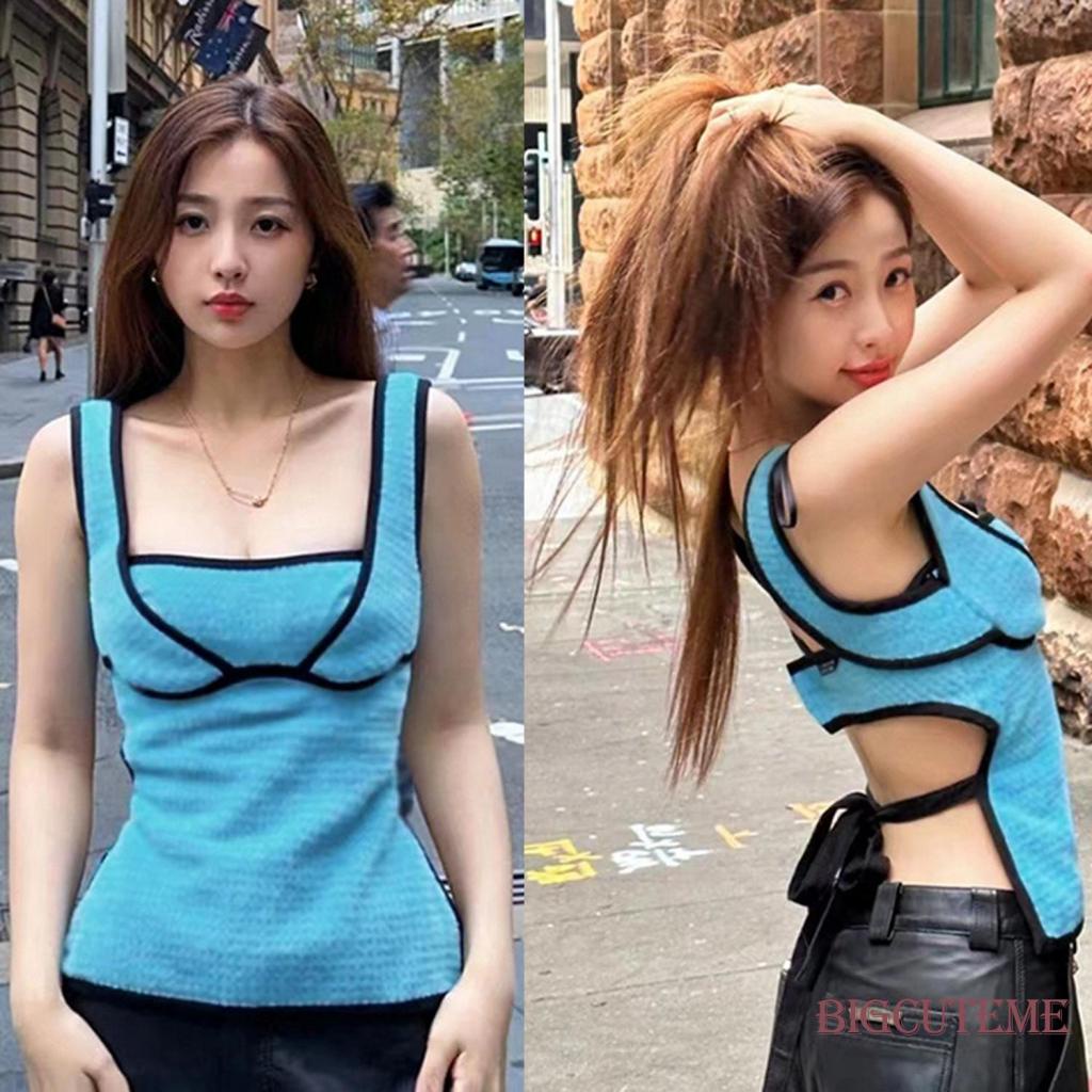 [] - Áo Tank Top Không Tay Cổ Vuông Buộc Dây Sau Lưng Màu Tương Phản Ôm Dáng Vừa Vặn Cho Nữ