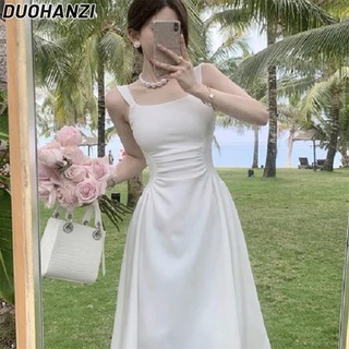 Đầm Hai Dây Dáng Dài Cổ Vuông Màu Trơn Thời Trang Mùa Hè Pháp Thanh Lịch