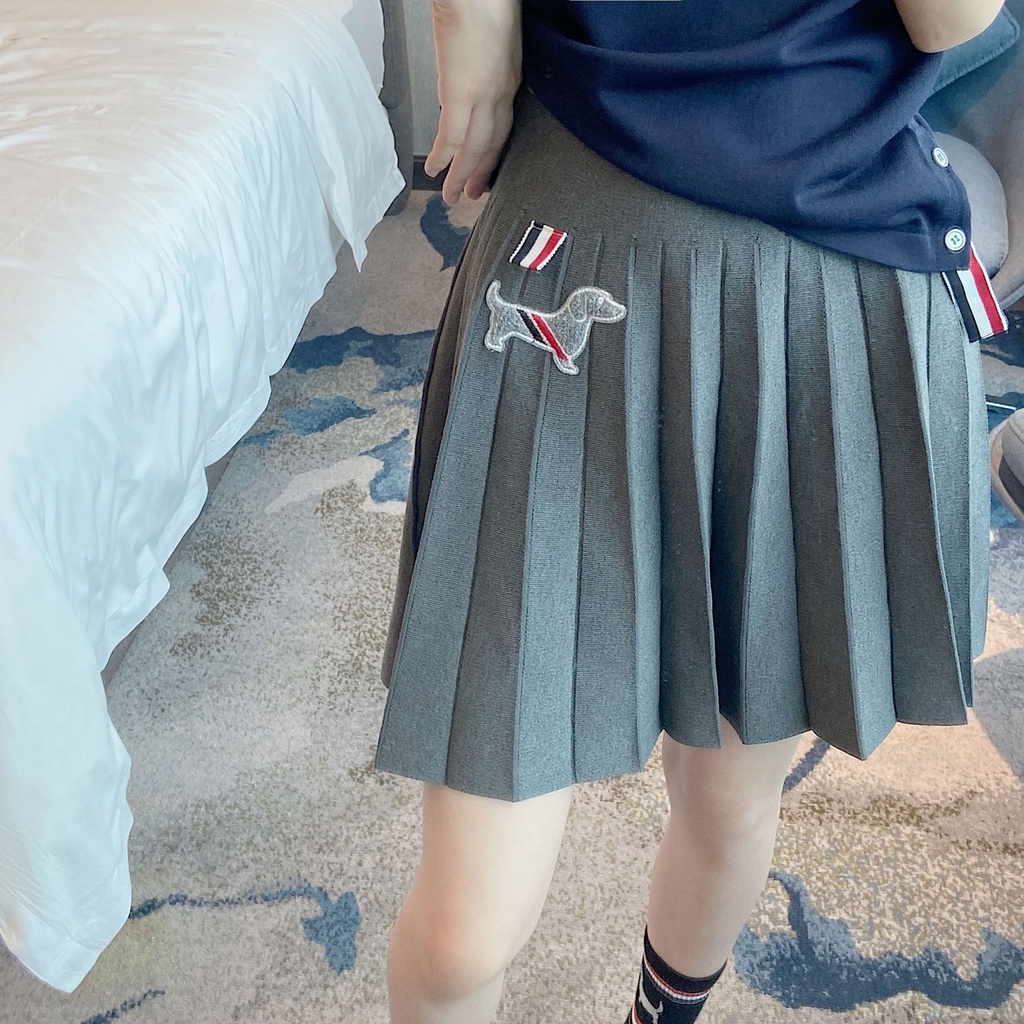 NPBI Thom Browne dog embroidered pleated skirt A- Line skirt women's Korean style trendy brand college style high waist all-match uniform skirt summer