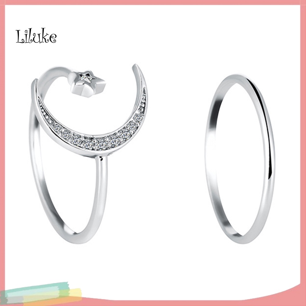 Bộ 2 Nhẫn Hợp Kim Hở Trang Trí Hình Trăng Sao Đính Đá Thời Trang Cho Nữ