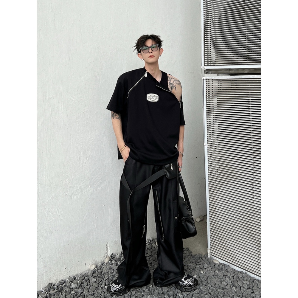 Áo Thun Ngắn Tay Cao Cấp Thiết Kế Khóa Kéo Đôi Phong Cách Hip Hop Đường Phố Mỹ Mùa Hè