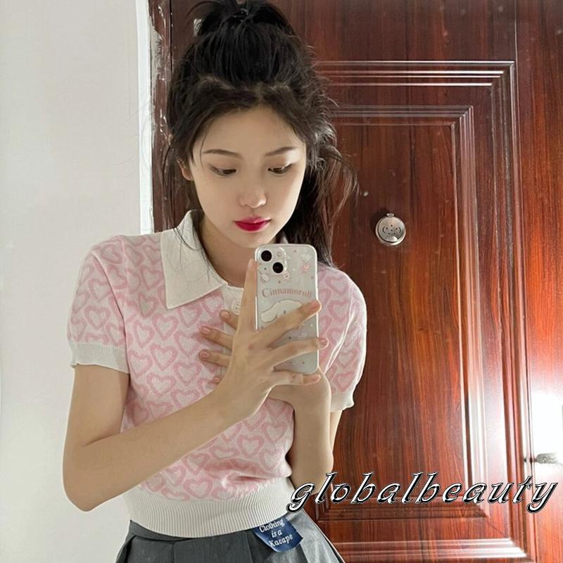 Áo Thun Crop Top Tay Ngắn 1 / 3 Nút Họa Tiết Trái Tim Đơn Giản Dành Cho Nữ