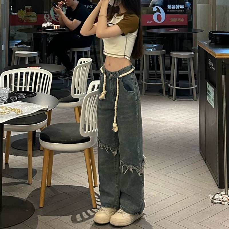 Quần Jean Dài Ống Rộng Lưng Cao Phong Cách Hong Kong Thời Trang Mùa Hè Mới Cho Nữ