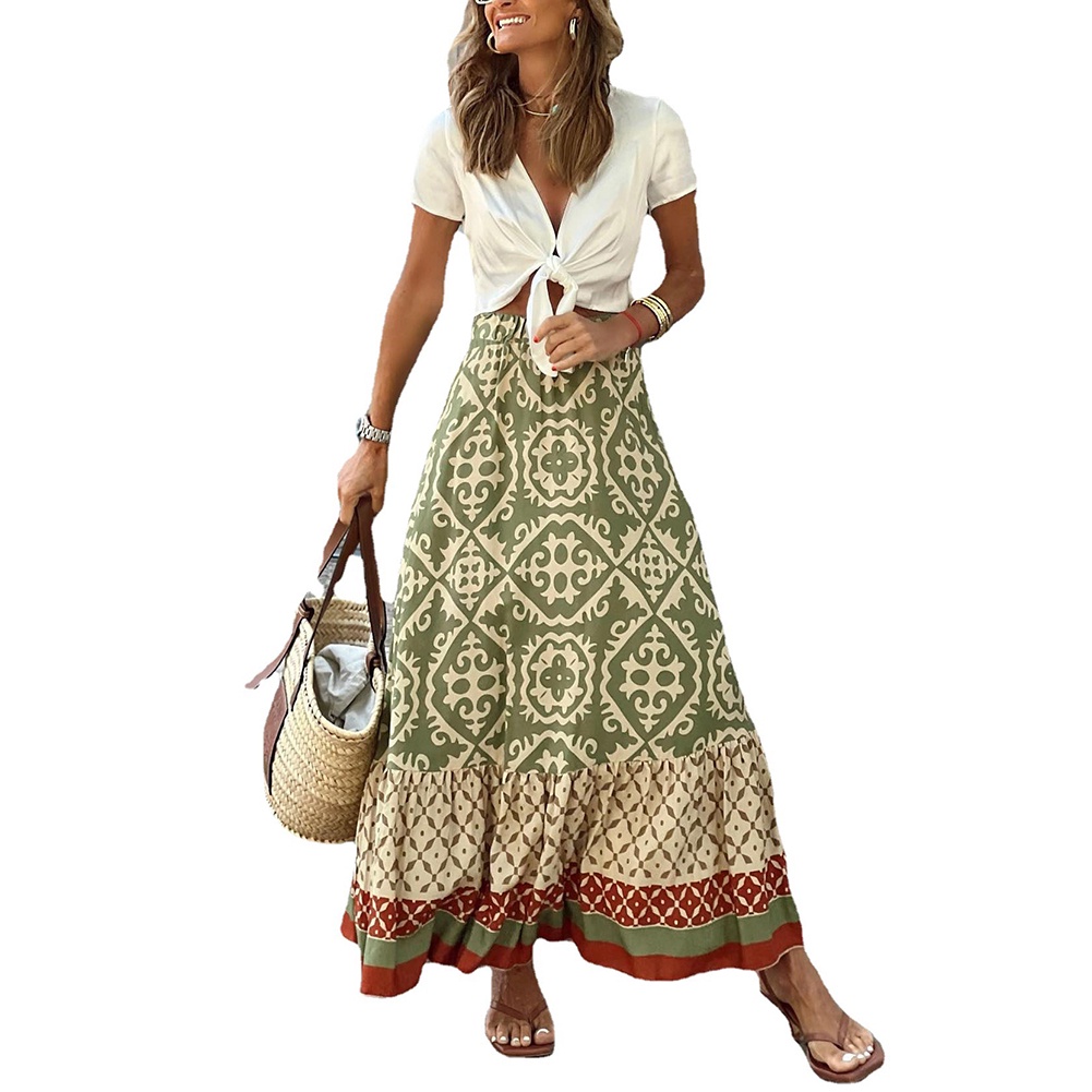 Chân Váy Chữ A Lưng Thun Viền Bèo In Họa Tiết Hình Học Sành Điệu Cho Nữ