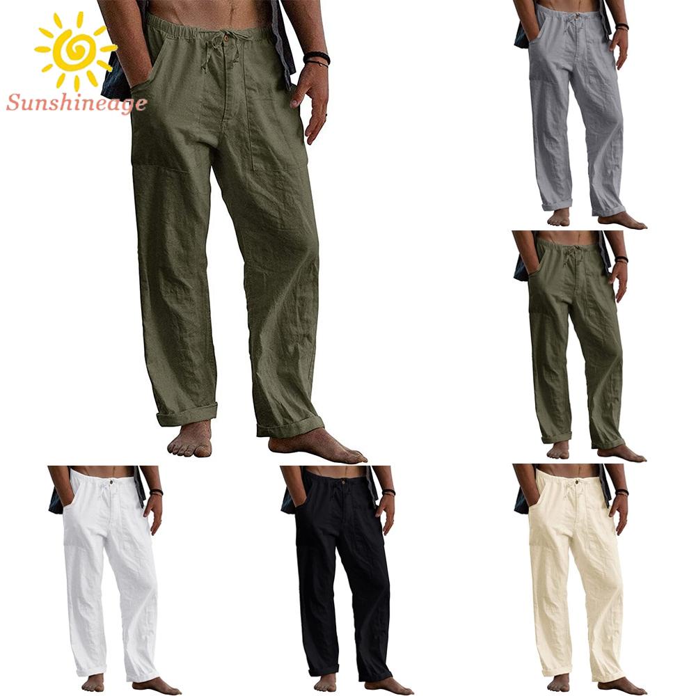 Quần Dài Đi Biển Dáng Rộng Chất Liệu Cotton Lanh Co Giãn Màu Trơn Thời Trang Mùa Hè Cho