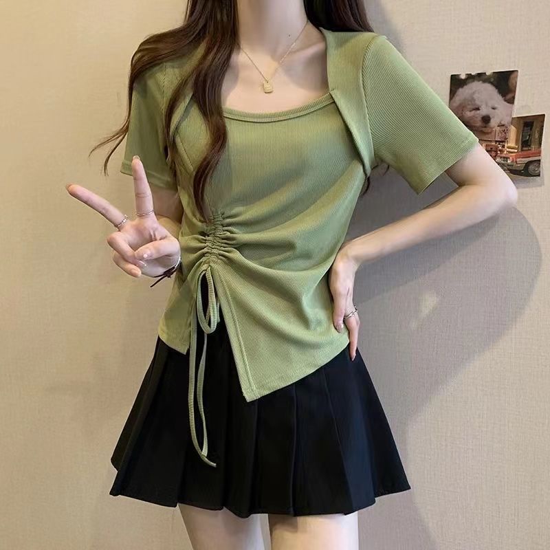 Áo Thun Tay Ngắn Cổ Vuông Thiết Kế Không Đồng Đều Phong Cách Mới Mùa Hè Cho Nữ