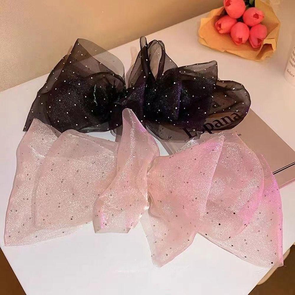 FORBETTER Kẹp Tóc Nơ Lưới Chấm Bi Đính Đá Thời Trang