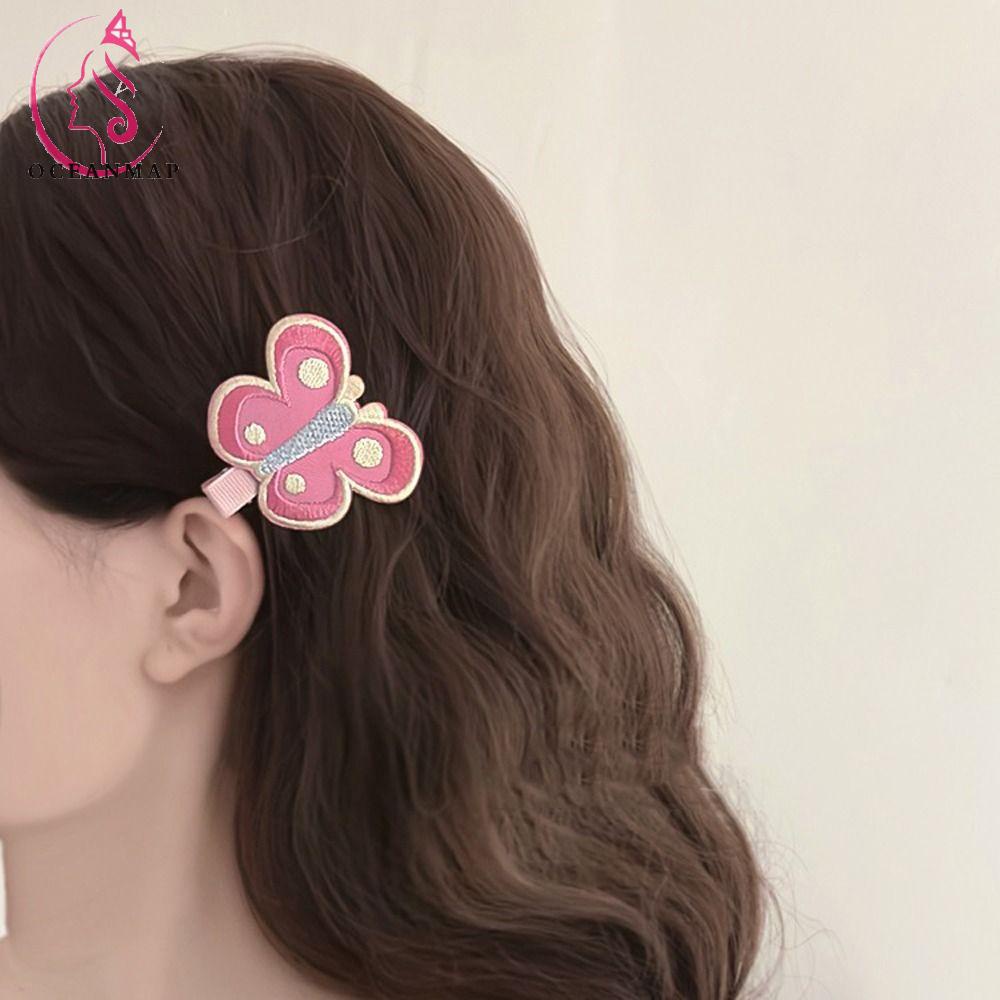 Kẹp Tóc Hình Bướm Thêu Họa Tiết Kẻ Sọc Màu Hồng Xinh Xắn Cho Nữ