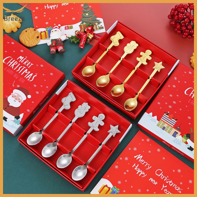 Bộ 4 Muỗng Cà Phê Bằng Thép Không Gỉ Phong Cách Giáng Sinh