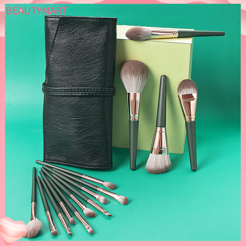 Set 14 Cọ Trang Điểm Ống Màu Xanh Lá Trọng Lượng Nhẹ Dễ Vệ Sinh An Toàn Cho Nữ